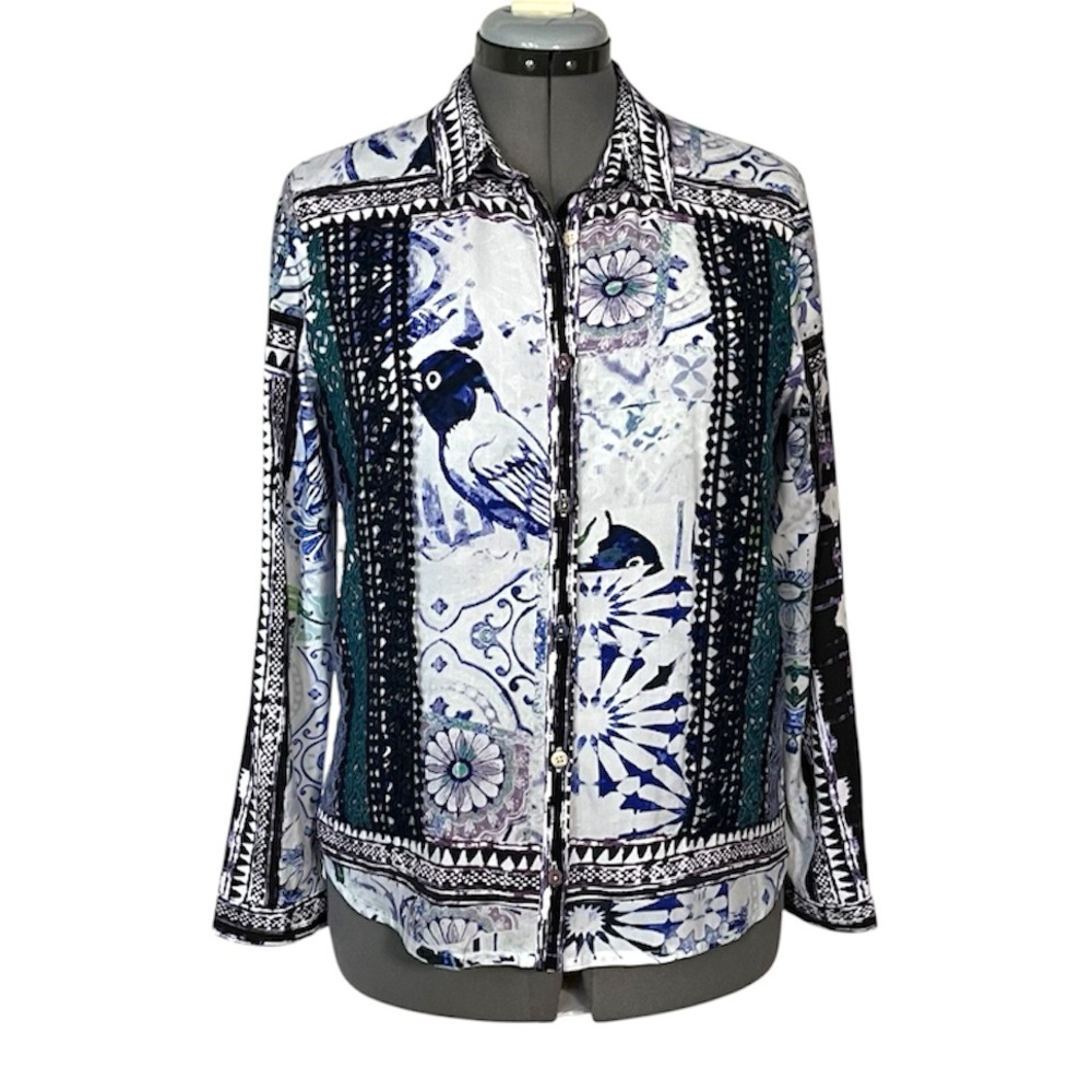 Desigual print and lace trim button front shirt L